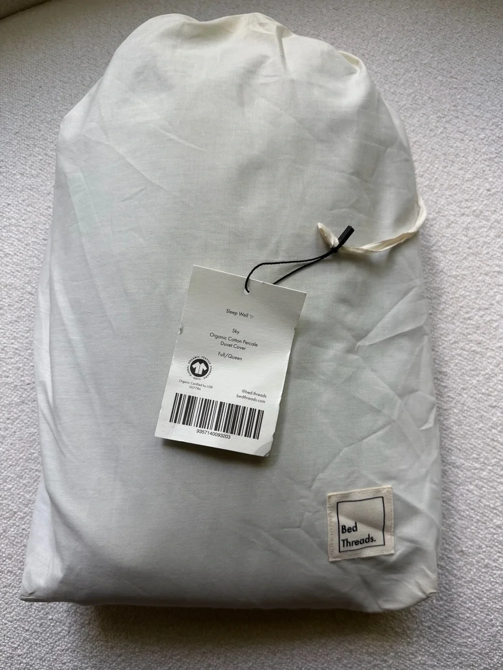 Bed Threads Sky Blue Full-Queen Duvet Cover Organic Cotton Percale EUC with Tag